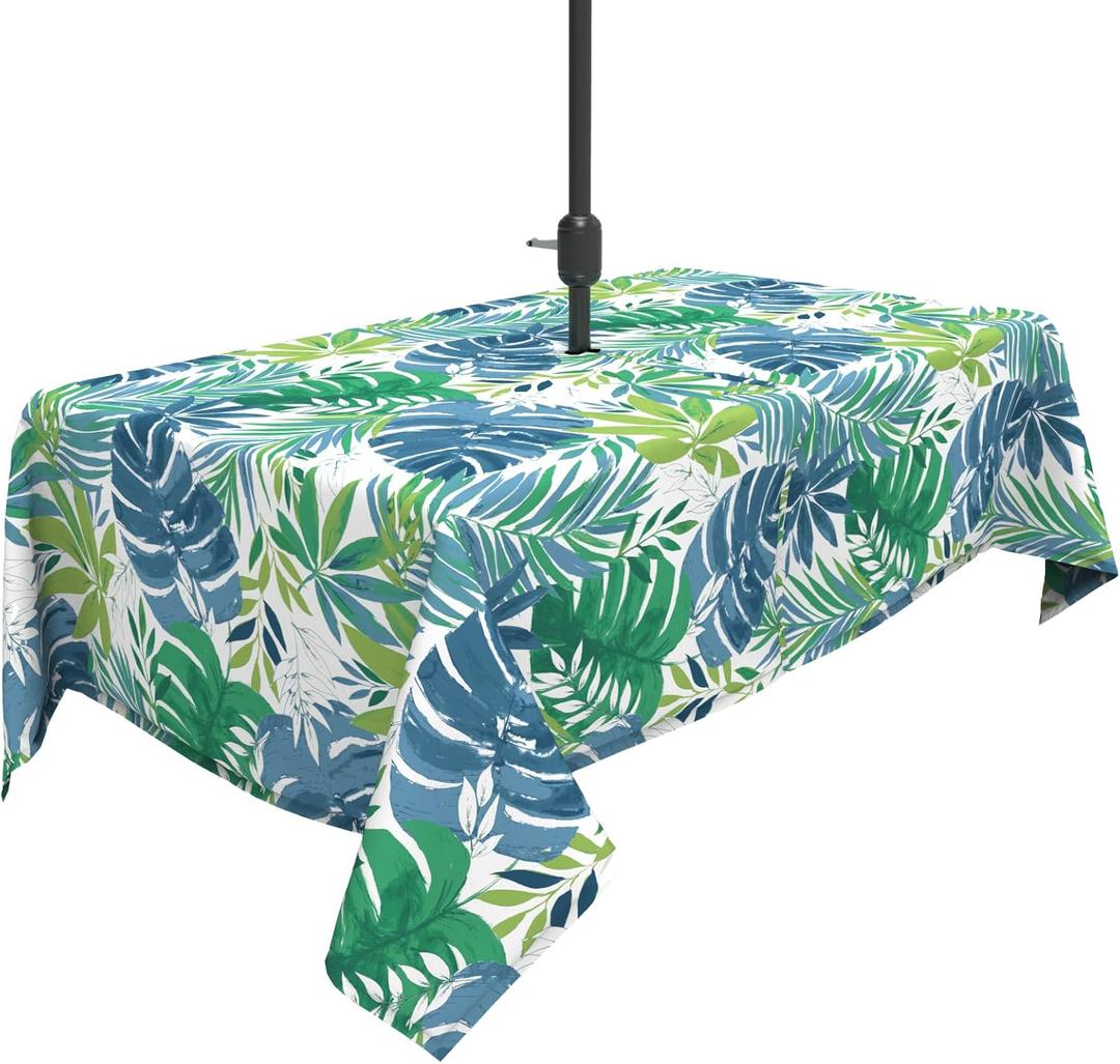 Outdoor Tablecloth 60x84 inch, Rectangle Table Cloth with Umbrella Hole and Zipper, Patio Table Covers for Spring, Summer, Party, Backyard, Picnic, BBQs, Islamorada Blue Green