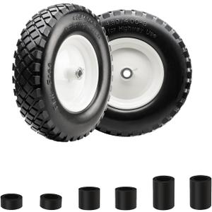 16" Flat Free PU 4.80/4.00-8" Solid Tire with 3/4" Ball Bearing and 3"-8" Center Hub, Universal Hand Truck Flat Free Trailer Wheelbarrow Tire for Hand Truck/Tool Cart/Garden Cart, 2 Pcs White
