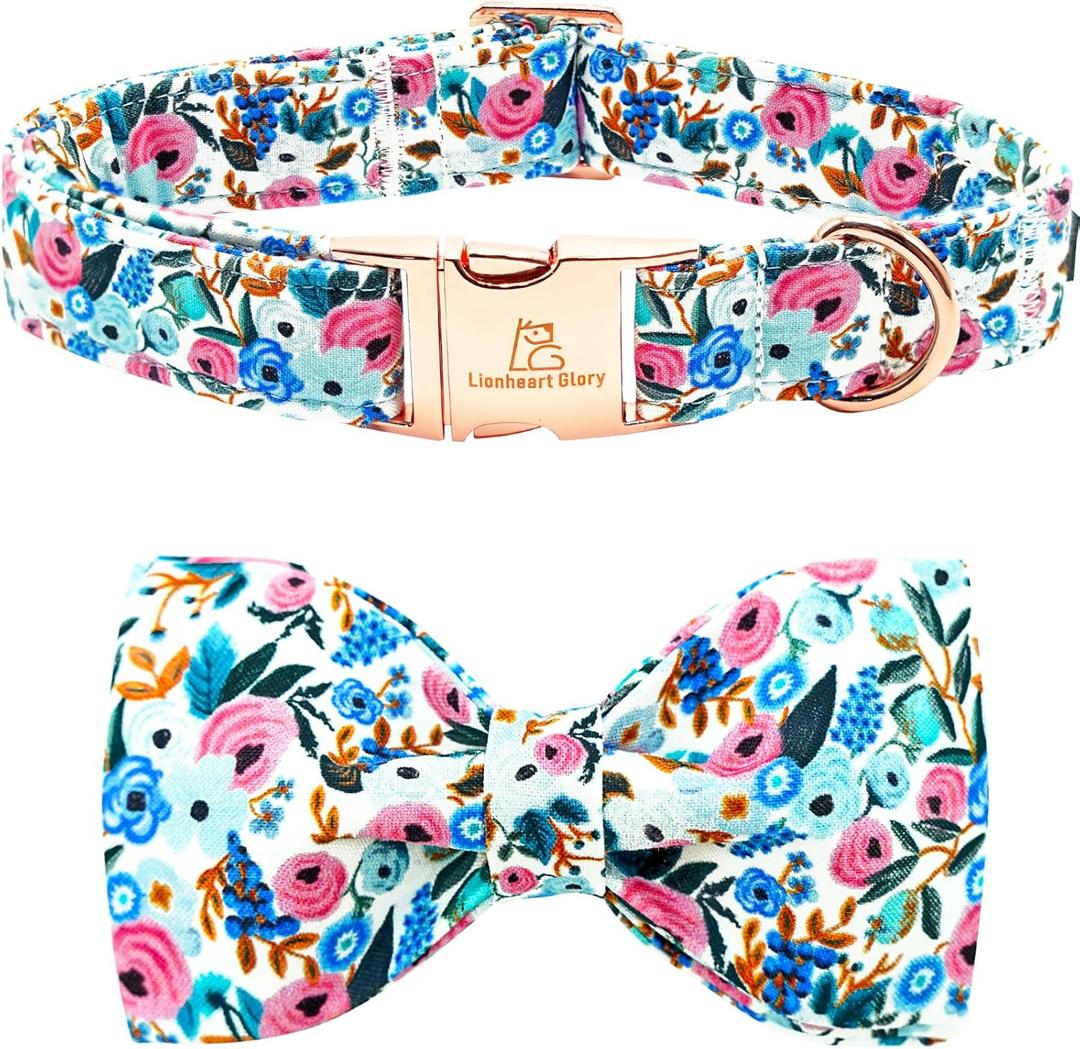 Lionheart glory Dog Collar Bow Collar Floral Dog Collar with Bow Tie Spring Summer Cute Collar Dog Boy or Girl Dog Collars Soft Durable Adjustable Dog Collars for Large Dogs, Size: Large (Pack of 1）