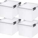 IRIS USA File Box WeatherPro File Organizer Plastic File Box for Letter/Legal File, Durable Lid and Seal w/Secure Latching Buckles, Stackable and Nestable, Clear 32 Qt. 4Pack
