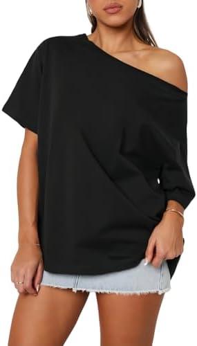 Dressmine Women's Off The Shoulder Tops Oversized Tshirts Short Sleeve Shirt Trendy Summer Boat Neck Top Size S