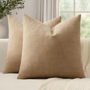 Woaboy Set of 2 Textured Throw Pillow Covers Decorative Soft Accent Square Chenille Pillowcases Neutral Farmhouse Cushions Modern Home Decor for Couch Sofa Bedroom Living Room 18x18 Inch, Khaki Camel (Starfish)
