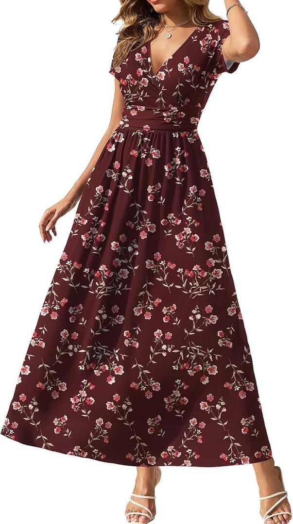 Gracyoga Women's Summer Dresses 2026 Short Sleeve Maxi Dress Casual V Neck Flowy Sundress with Pockets (Red, XL)