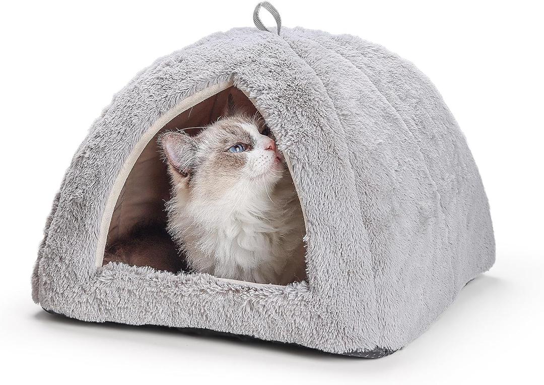 Cat Beds for Indoor Cats - 2 in 1 Cat Cave House Tent for Kittens and Small Pets with Removable Washable Cushioned Pillow, Foldable Kitten Hideaway with Non-Slip Bottom, Grey