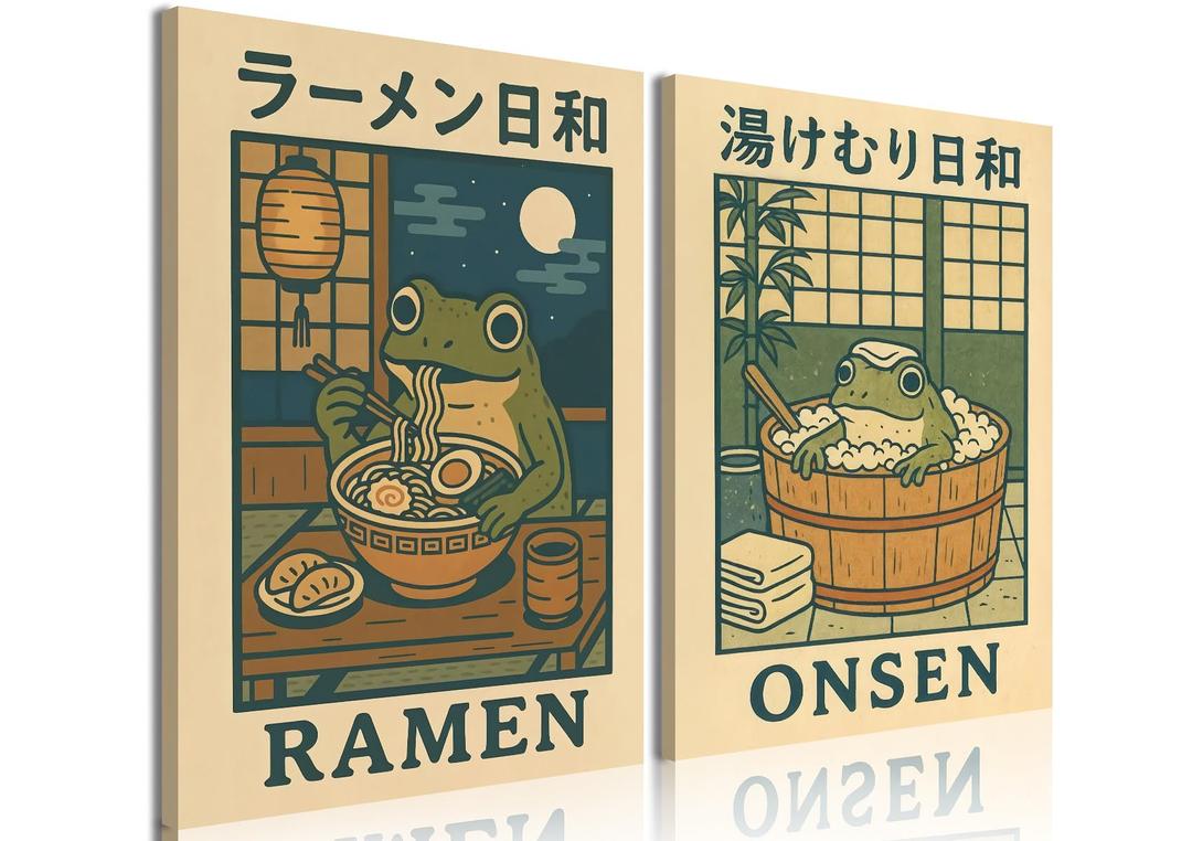 Framed Funny Japanese Frog Canvas Wall Art Set of 2, Vintage Cute Frog in Bathtub Pictures Wall Decor, Rustic Animal Eating Ramen Paintings Prints Home Decor for Bathroom Kitchen 16x24 inch