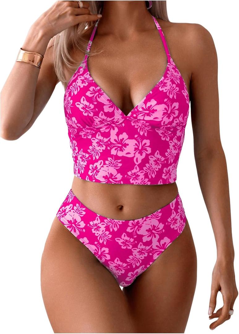 Floerns Women's Floral Print Halter Neck Tankini Top Two Piece Bathing Swimsuit (Hot Pink) S