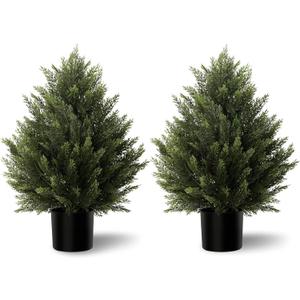 Artificial Topiary Cedar Trees 2FT Tall 2 Set, Outdoor Indoor Faux Pine Shrubs Plants, Realistic Fake Plants Front Porch Decor, Artificial Bushes Cypress for Home Front Door Offices (Green)