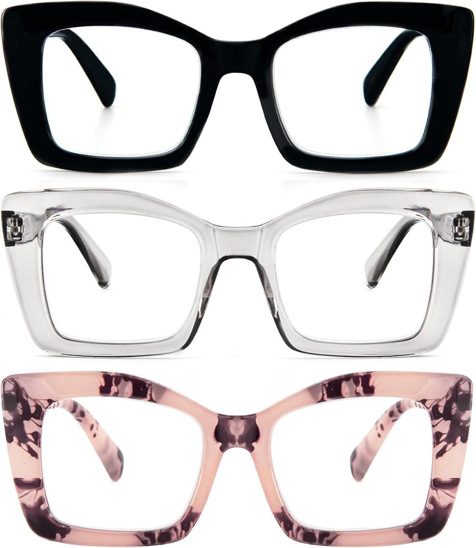 REAVEE Oversized Square Reading Glasses for Women, Blue Light Blocking Large Frame Computer Readers Spring Hinge (Black/Pink Tortoise/Grey)