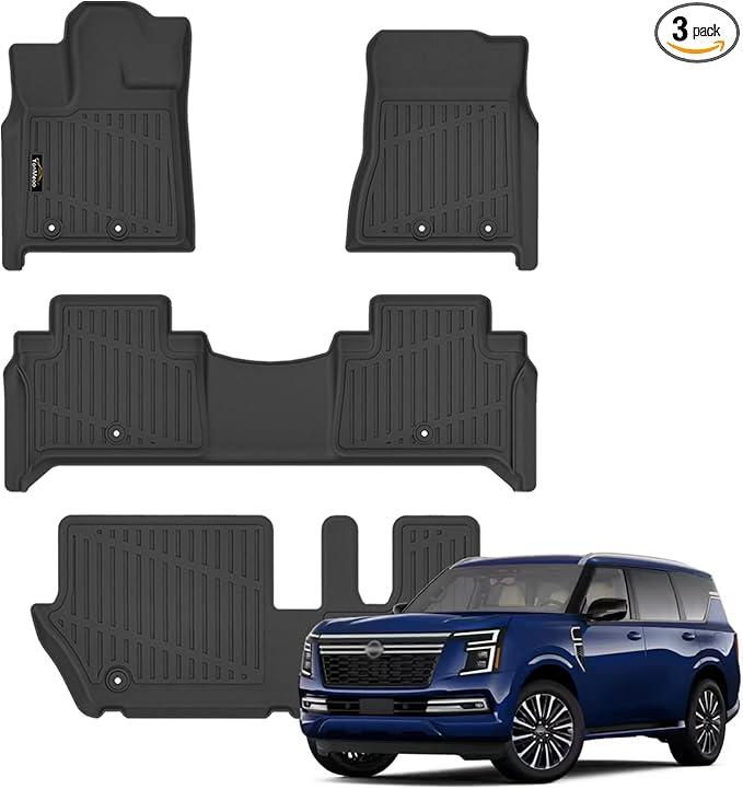 Floor Mats Custom for Nissan Armada 2025-2026 / Infiniti QX80 (Only for 8-Seat) All Weather TPE Protection 1st & 2nd & 3rd Row Anti-Slip Automotive Floor Liners for Armada 2025 Accessories, Black