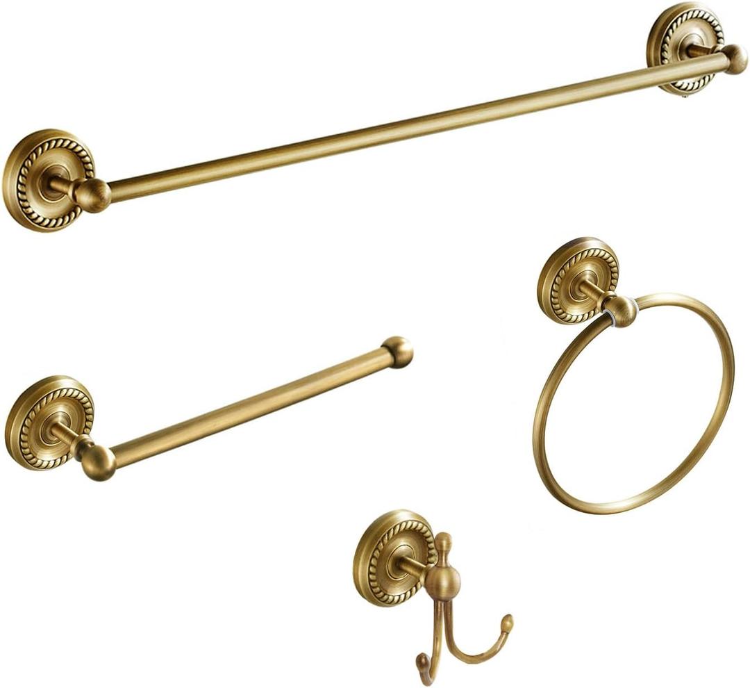 4 Piece Antique Brass Gold Bathroom Accessories Set - 24 Towel Holder, Antique Bar Brass Bath Accessories - Wall Mounted Bathroom Hardware Accessory Set (4 Pack Single)