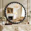 Round Vanity Mirror with Beaded Frame, 28 Inch Circle Wall Mirror for Bedroom Dresser, Entryway, Bathroom, Living Room, Decorative Hanging Wall Mirror, Black