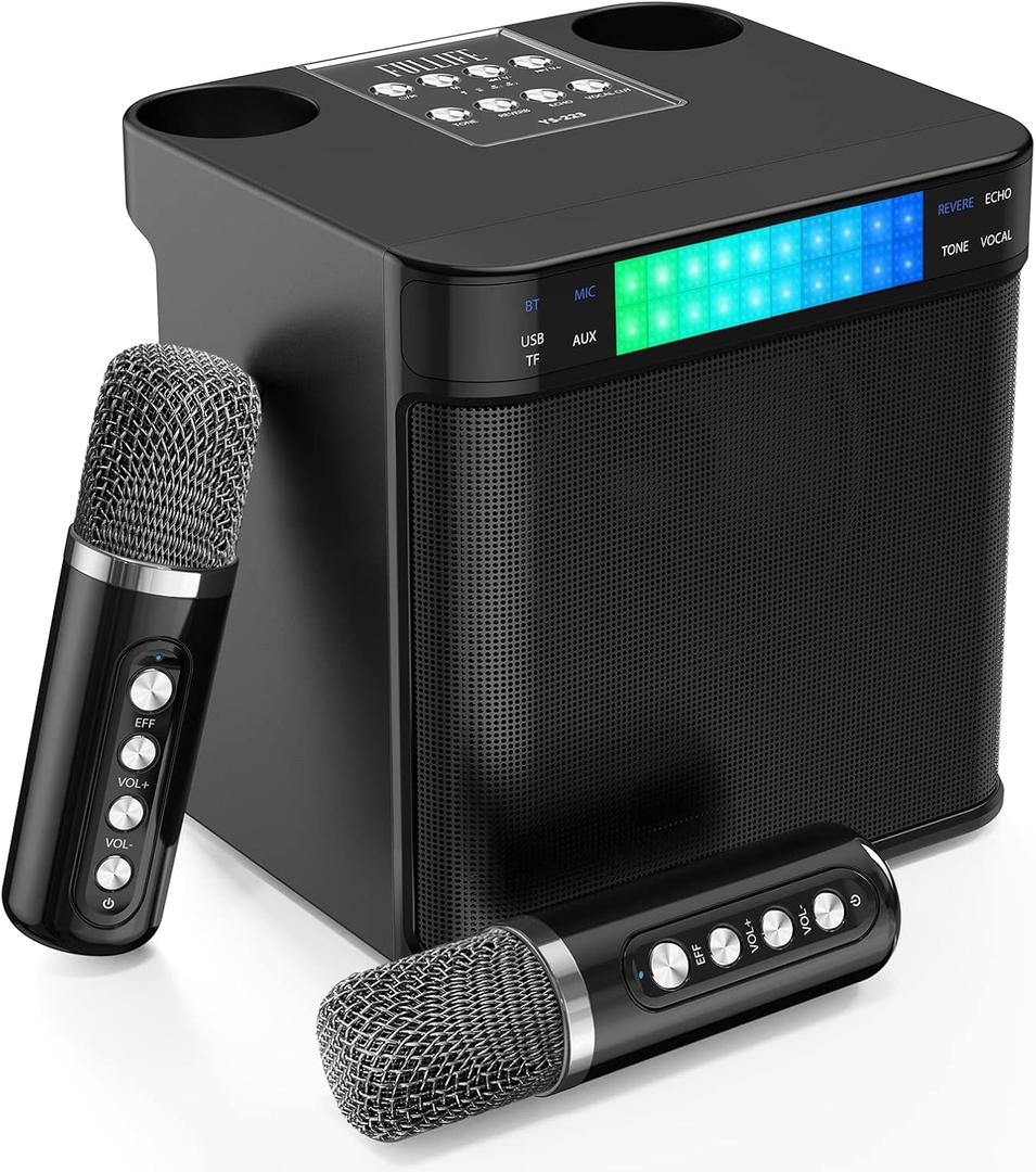 Karaoke Machine for Adults and Kids, FULLIFE Portable Bluetooth PA Speaker System with 2 UHF Wireless Microphones, Karaoke Speaker with Echo, Supports TF/USB, AUX in, for Home Party, Black