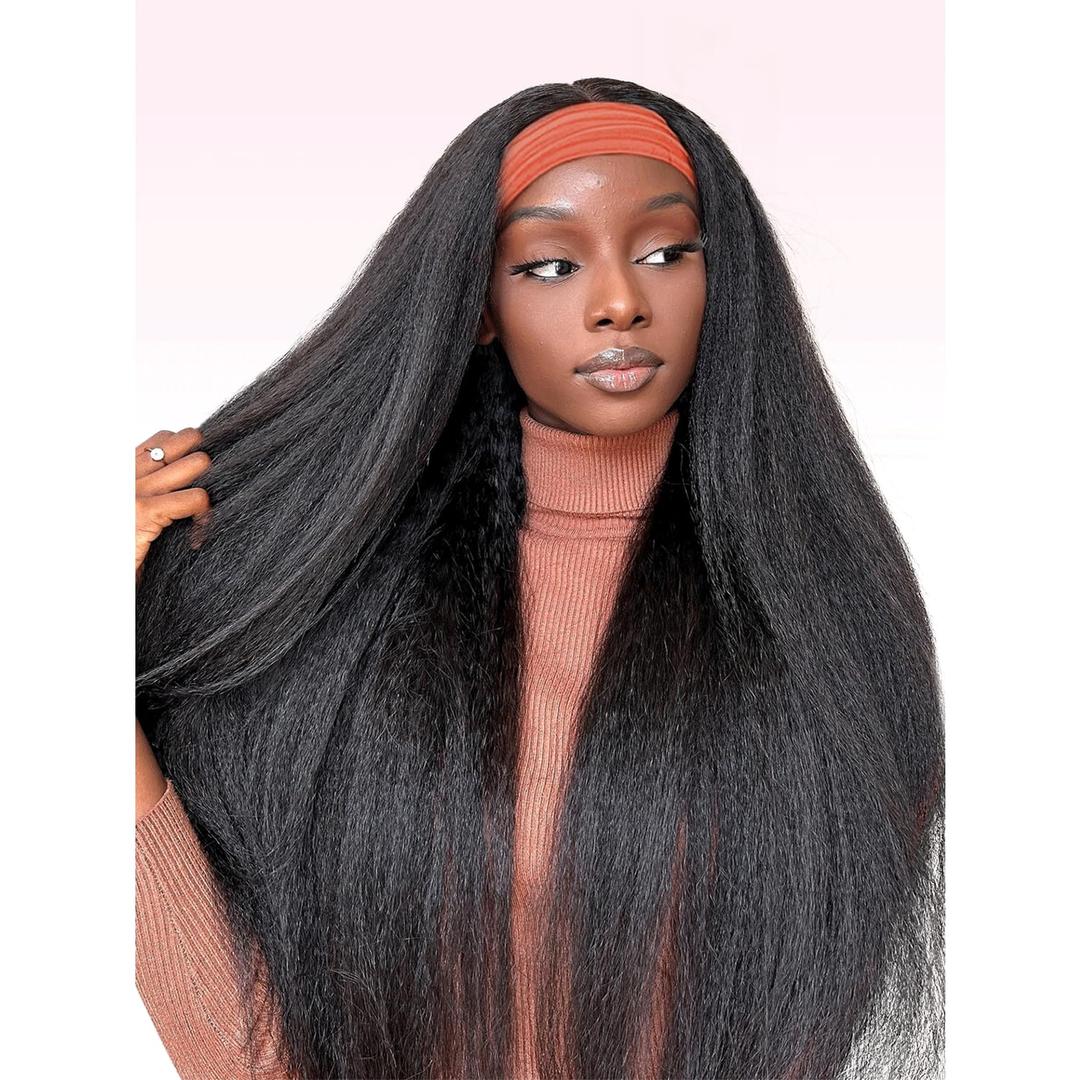 Headband Wig Human Hair 30 Inch Kinky Straight Human Hair Headband Wigs for Black Women 180% Density Wear and Go Glueless Yaki Straight Headband Wig Human Hair Machine Made Natural Black