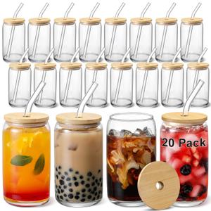 VITEVER [ 20pcs Set ] Glass Cups with Bamboo Lids and Glass Straw - Beer Shaped 16 oz Iced Coffee Drinking Glasses, Cute Tumbler Cup for Smoothie, Boba Tea, Whiskey, Water