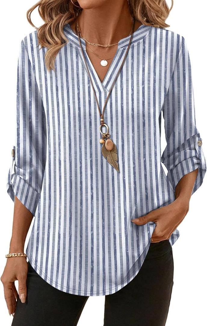 XIEERDUO 3/4 Length Sleeve Womens Tops V Neck T Shirts Both Side Buttons Blouses Business Casual Outfits Loose Fit (Blue, M)