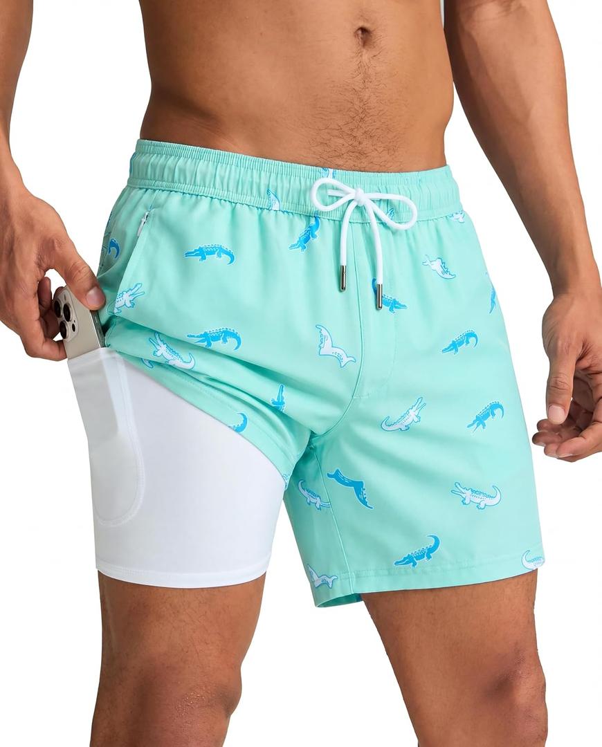 maamgic Mens Swim Trunks with Compression Liner 5 Inch, Quick Dry Bathing Suit with Zipper Pockets, No-Chafing Swim Shorts (XL)