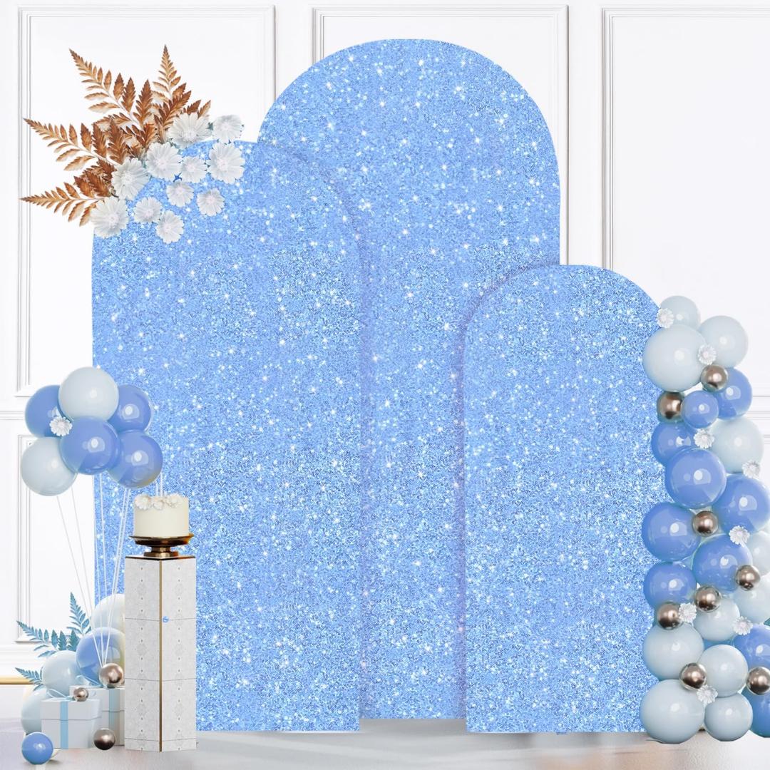 MODFUNS Baby Blue Arch Cover Set of 3 Glitter Wedding Arch Cover 4ft&5ft&6ft Balloon Arch Stand Cover Arch Covers Stretchy Backdrop Seqauin Arch Cover Chiara Arch Cover for Birthday Party Decoration