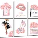 FRAMED Pink Makeup Room Canvas Wall Art, Fashion Woman Picture Wall Decor Paintings, Watercolor Perfume High Heels Lipstick Beauty Room Decor Pictures Arts for Girls Women Room Decor, (Set of 6, 8x10 in, Framed)