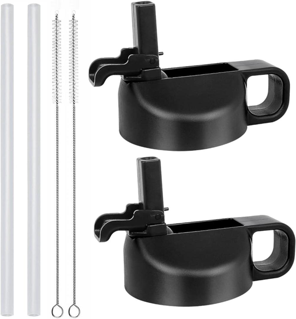 Straw Lid for 12 32 40 64 oz Wide Mouth Water Bottle, Lids Compatible with Hydro Flask Sports Water Bottle Lid Top Straw Cap-Dust Cover Design (Black/Black)