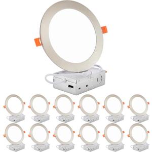 DLLT LED Recessed Ceiling Lights: 12 Pack 6 Inch 5CCT Ultra-Thin Lighting with Junction Box for Bedroom - 1200LM Brightness 12W Eqv 110W Dimmable Canless Wafer Downlight with ETL&FCC-Nickel Brush