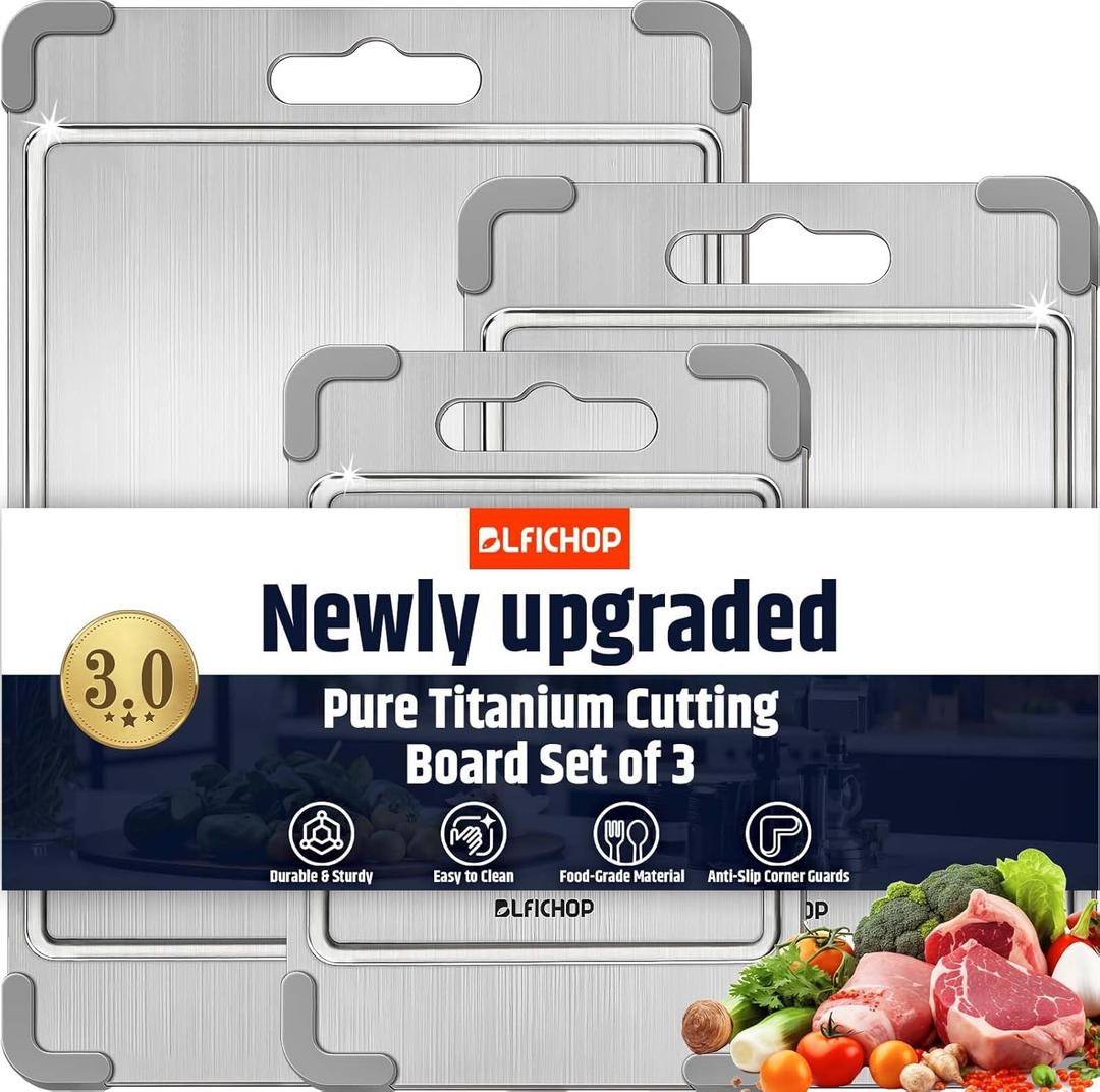 3PCS Titanium Cutting Boards for Kitchen- Food Grade Double Sided Chopping Board with Juice Groove, Removable Anti-Slip Corners, Dishwasher Safe for Meat/Fruits/Vegetables, Grey