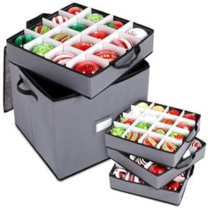 Pinkunn 64pcs 4in Christmas Ornament Storage Box with Dividers Tray Stores Holiday Ornament, Adjustable Dividers, Double Zipper, Label Slot, Two Handles Storage Container Box Keeps Xmas Decor(Grey)