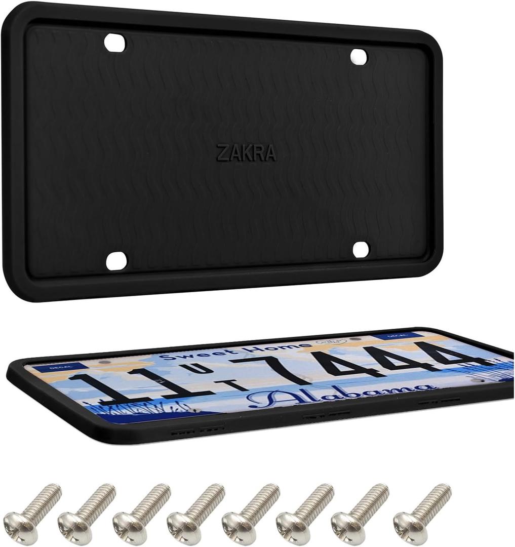 ZAKRA License Plate Frames,2 Pack Silicone License Plate Frames,Premium Silicone Material, Rust-Proof,Rattle-Proof,Weather-Proof (Black)