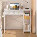 White Computer Desk, 36 Inch Small Desk with Drawers, Home Office Desk with Storage Shelves for Bedroom, Living Room, Dorm, Vanity Desk for Small Spaces, White