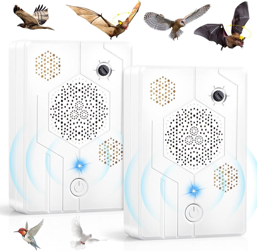 2Pack Upgraded Ultrasonic Bird Repellent Devices Outdoor & Bat Deterrent Rechargeable Woodpecker Deterrent for House Pigeon Repellent to Keep Birds Bats Out of Attic Porch Balconies Indoor