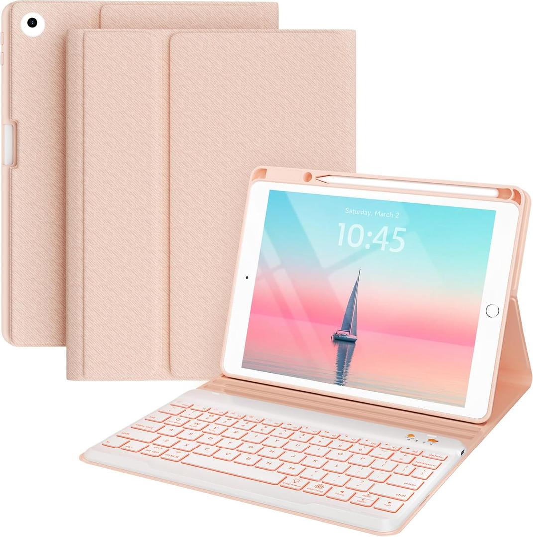 BLUTLOTUS Keyboard case for iPad 9.7 Inch Air 2, iPad 5th/iPad 6th Generation (2017/2018) Case, 7 Color Wireless Backlit Detachable Keyboard, Smart Folio Cover with Pencil Holder(Pink)