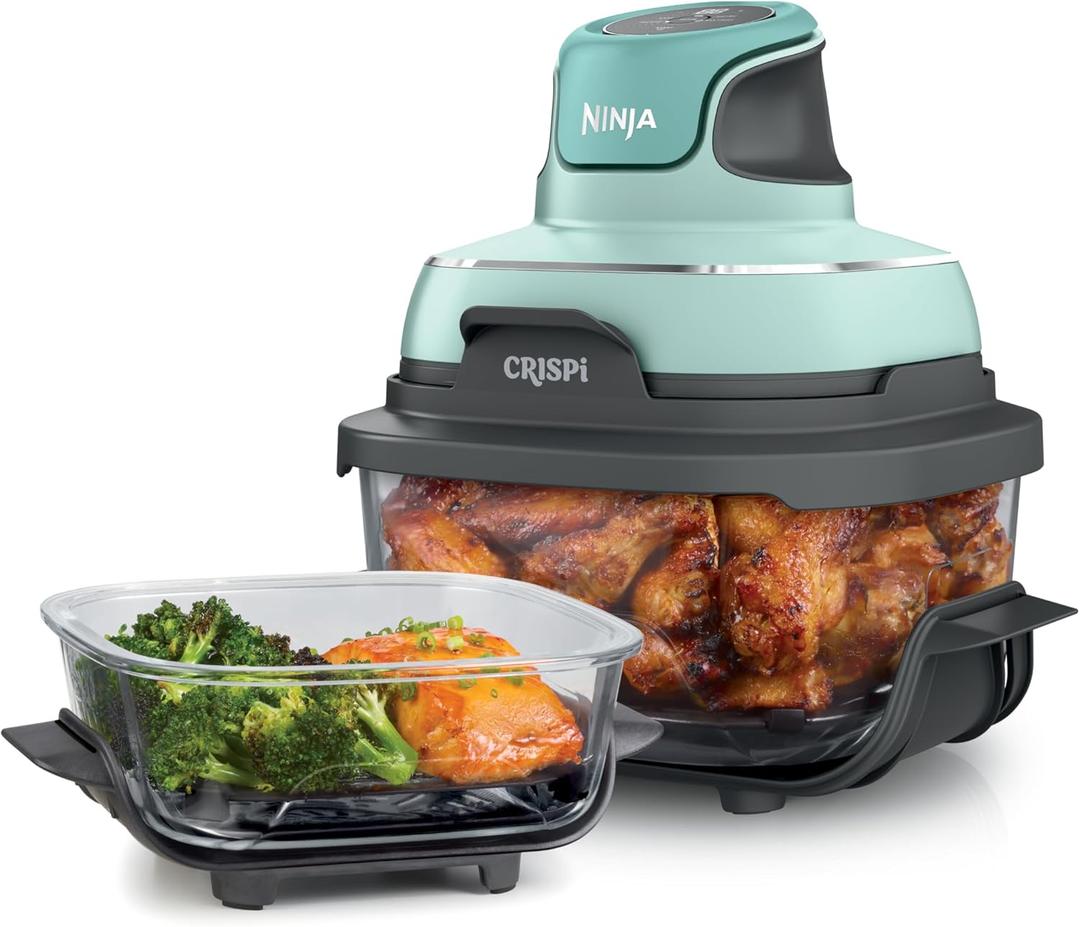 Ninja Crispi 4-in-1 Portable Glass Air Fryer Cooking System, 4 QT & 6 Cup Glass Containers with Storage Lids, Easy Meals, Microwave, Freezer & Dishwasher Safe, Air Fry, Bake, & More, Mint, FN101MT