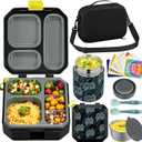 Itslife Bento Lunch Box Set for Kids with 12oz Soup Thermo&Lunch Bag, Leak-Proof Lunch Food Containers for Kids School, 5 Compartment, Sauce Cup, 10 Notes (Gaming Black)