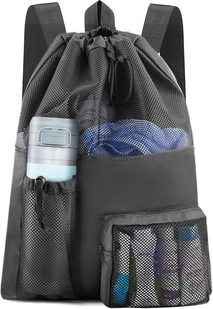 Mesh Bag Beach Backpack, Swimming Bags for Swimmers,Waterproof Mesh Drawstring Bag for Women Men, Large Swim Bag Accessories for Swimming Gear, Gym BagsBlack