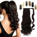 FELENDY 20" Ponytail Extension Curly Wavy Clip in Hairpiece Wrap Around Long Pony Tails Hair Extensions Synthetic for Women Dark Brown
