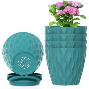 4 inch Small Plastic Nursery Pots, 5 Pack Water Ripples Flower Pots for Indoor Plants, Plant Pots with Drainage Holes and Saucers, Seedling Starter Planters for House Plants, Blue Green