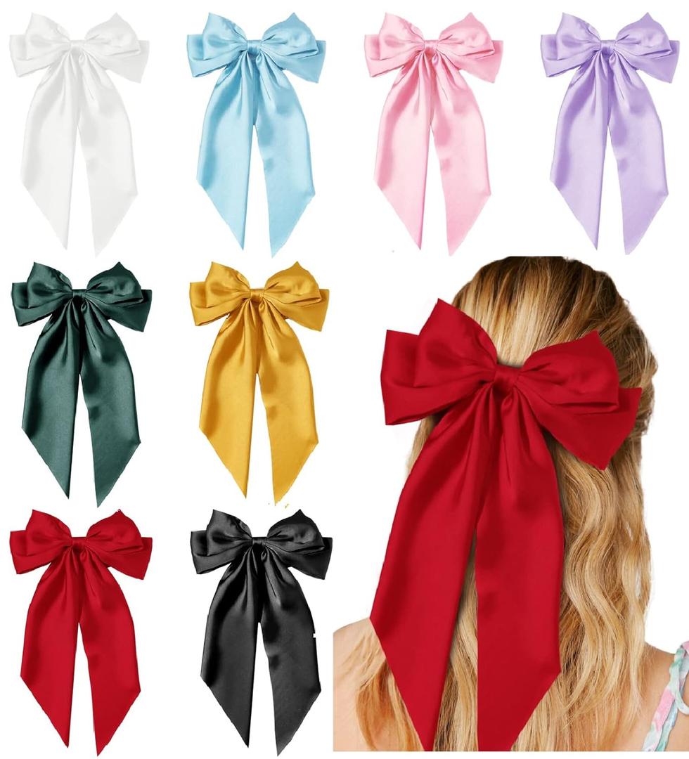Hair Bows for Women Girls 8 PCS Hair Ribbon Bow Hair Clips with Long Tails Vintage Hair Accessories for Women (Variety)