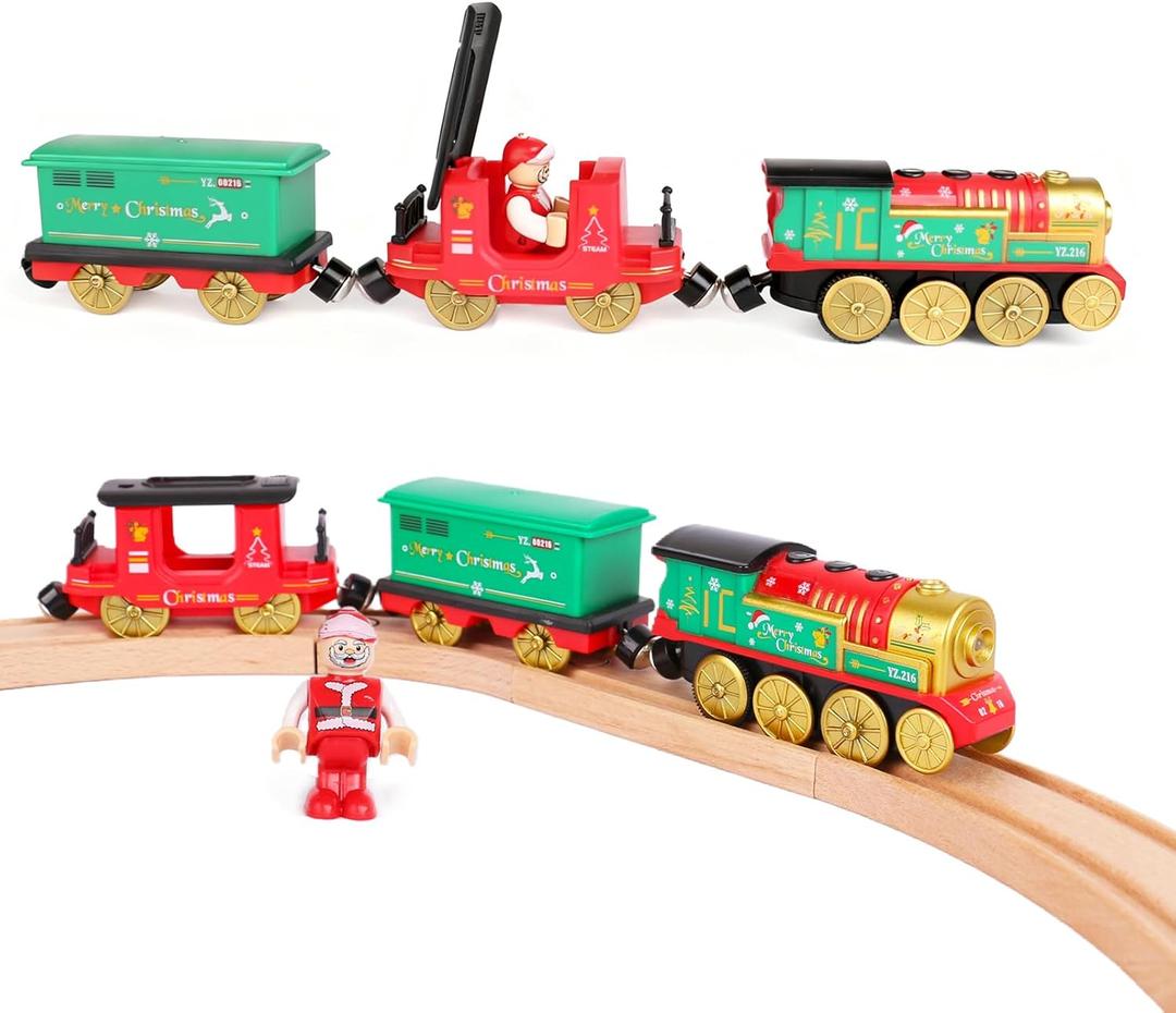 Battery Operated Train for Wooden Track,Christmas Motorized Train Locomotive Set with Magnetic Connection,Lights and Sounds,Wooden Train Accessories for Kids Boys