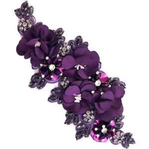 1pc Handmade Rhinestone Applique for Clothes, 3D Flower Fabric Patches for Wedding Dress, Bling Beaded Embroidery Lace Applique for Hat Hairband Sewing Embellishment (Purple)
