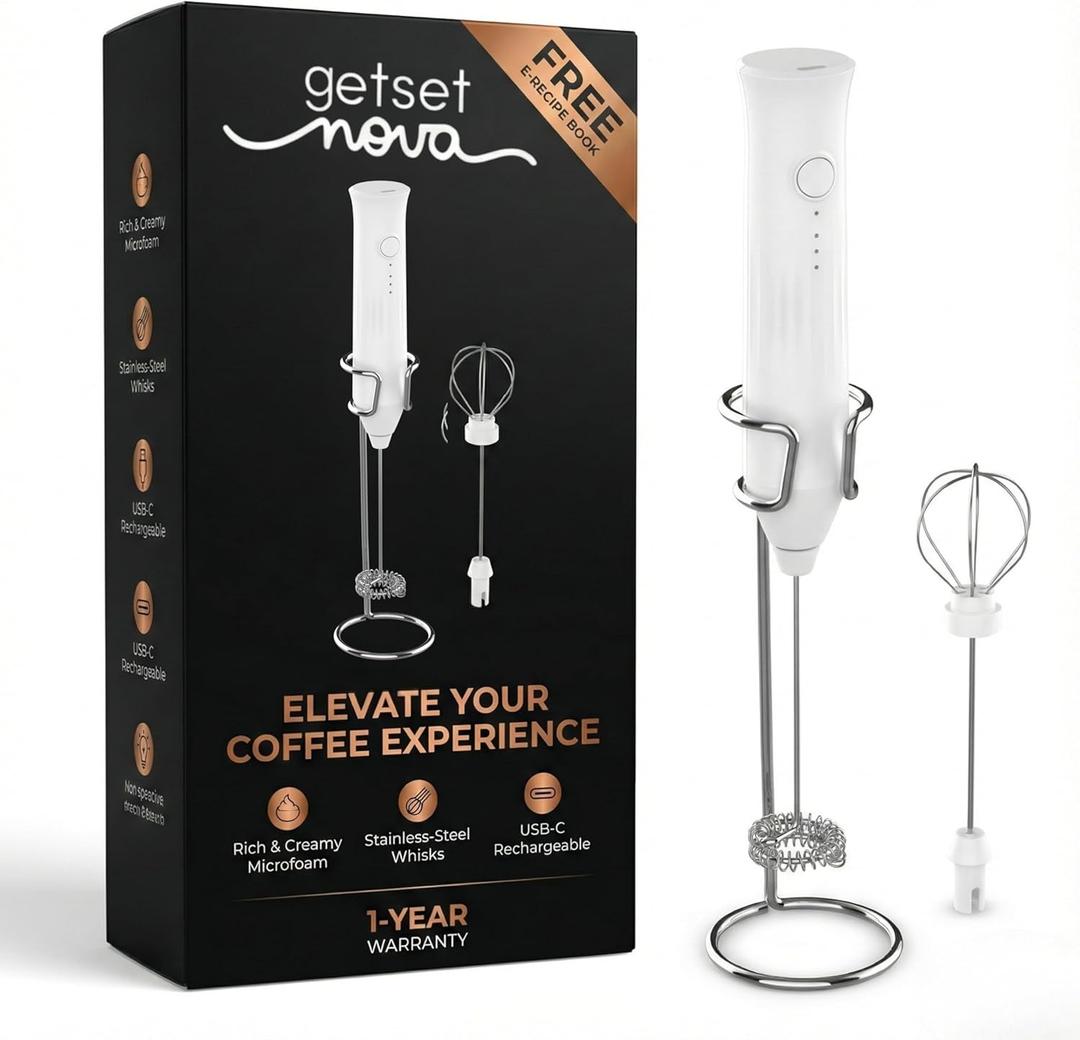 Milk Frother for Coffee, Rechargeable Electric Handheld Frother Wand with Dual Whisk, 3 Speed Settings, Fast Recharge, Powerful Motor, Handheld Mixer Electric with Stand