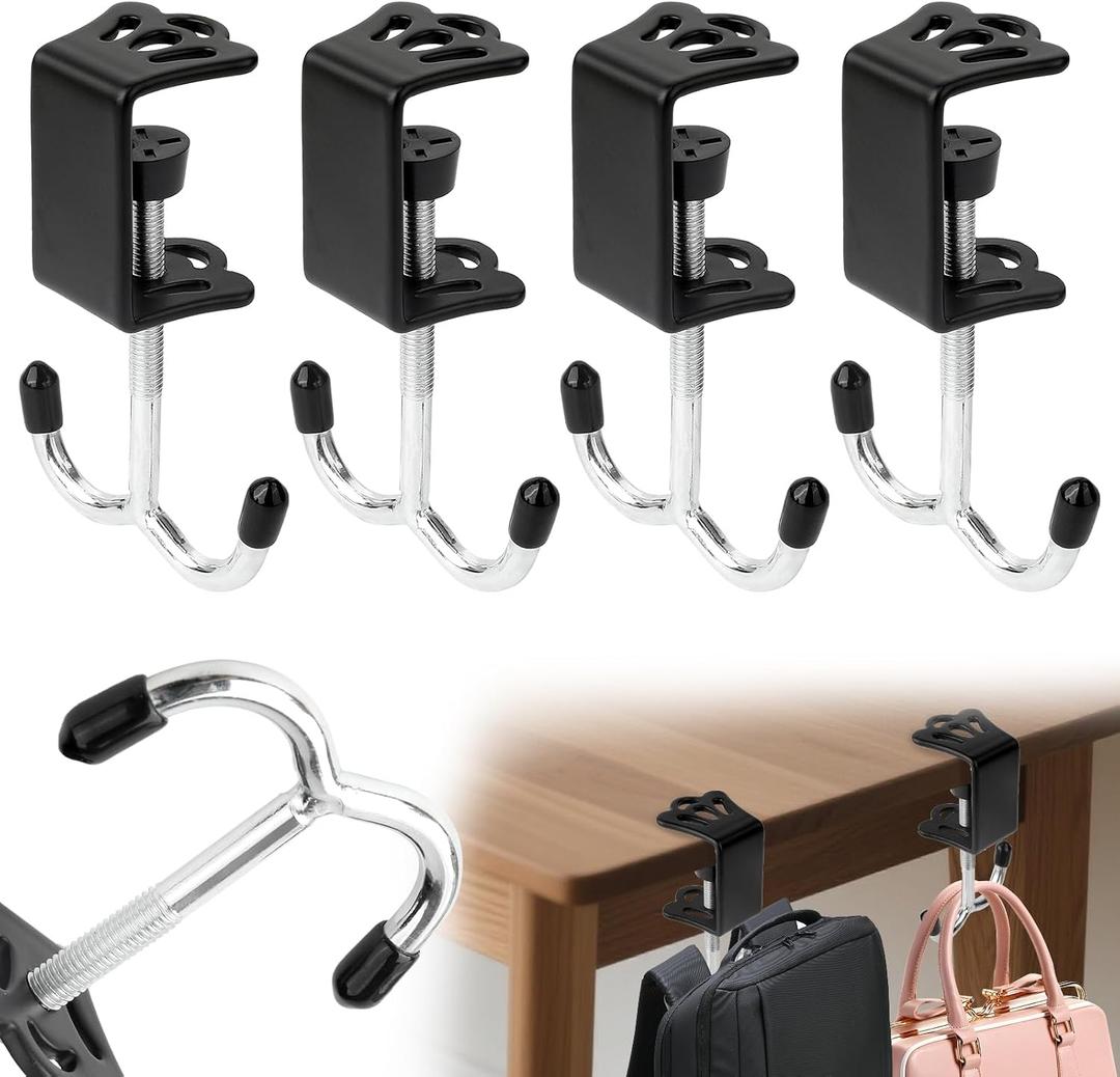 4 Pack Purse Hook for Table and Desk, Heavy Duty Stainless Steel Bag Hanger for Office, Non-Slip Screw Clamp Hook for Backpack, Handbags, Headphone, Space-Saving Accessories, Black