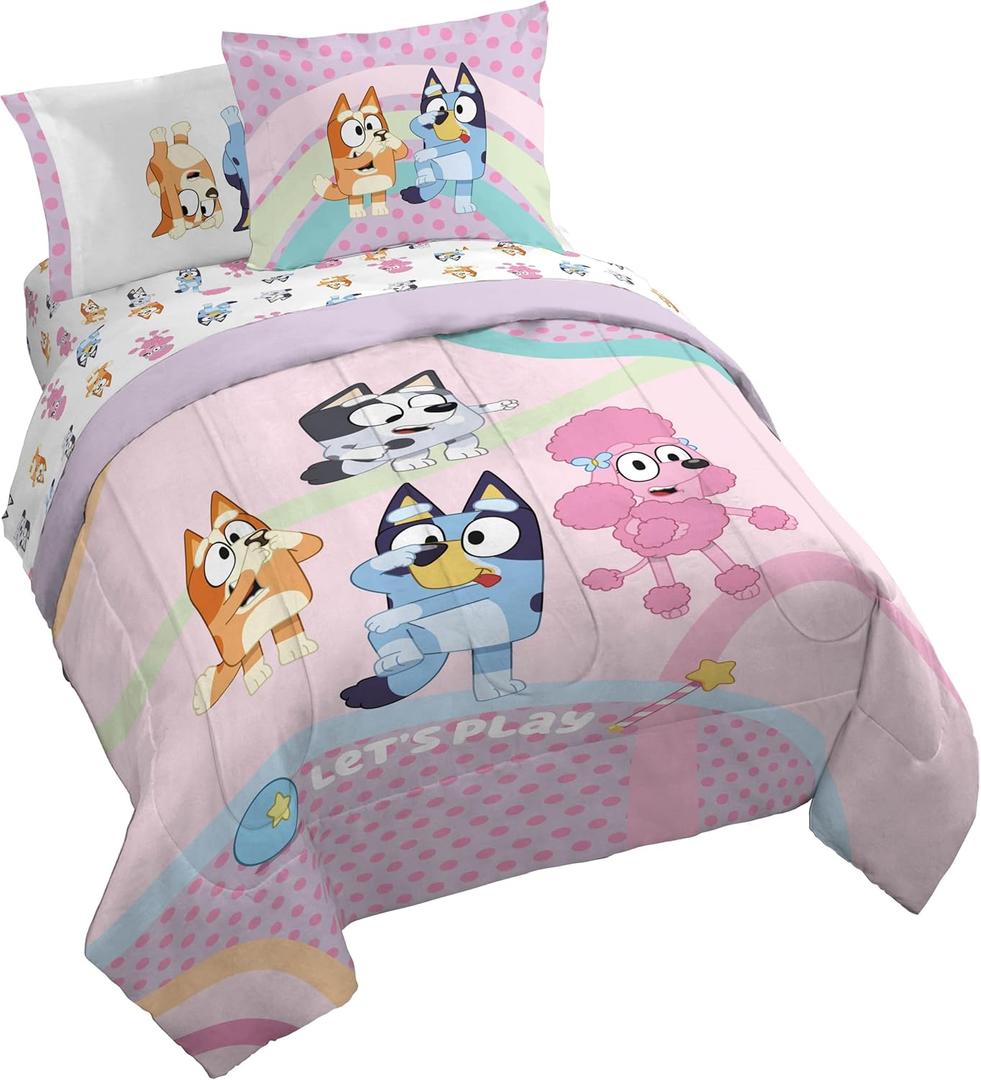 Jay Franco Kids Comforter Set Includes Sheets and Pillow Covers - Soft and Cozy Bed Set for Stylish Room Decor, Pink - Bluey 7 Piece Queen Size Bedding