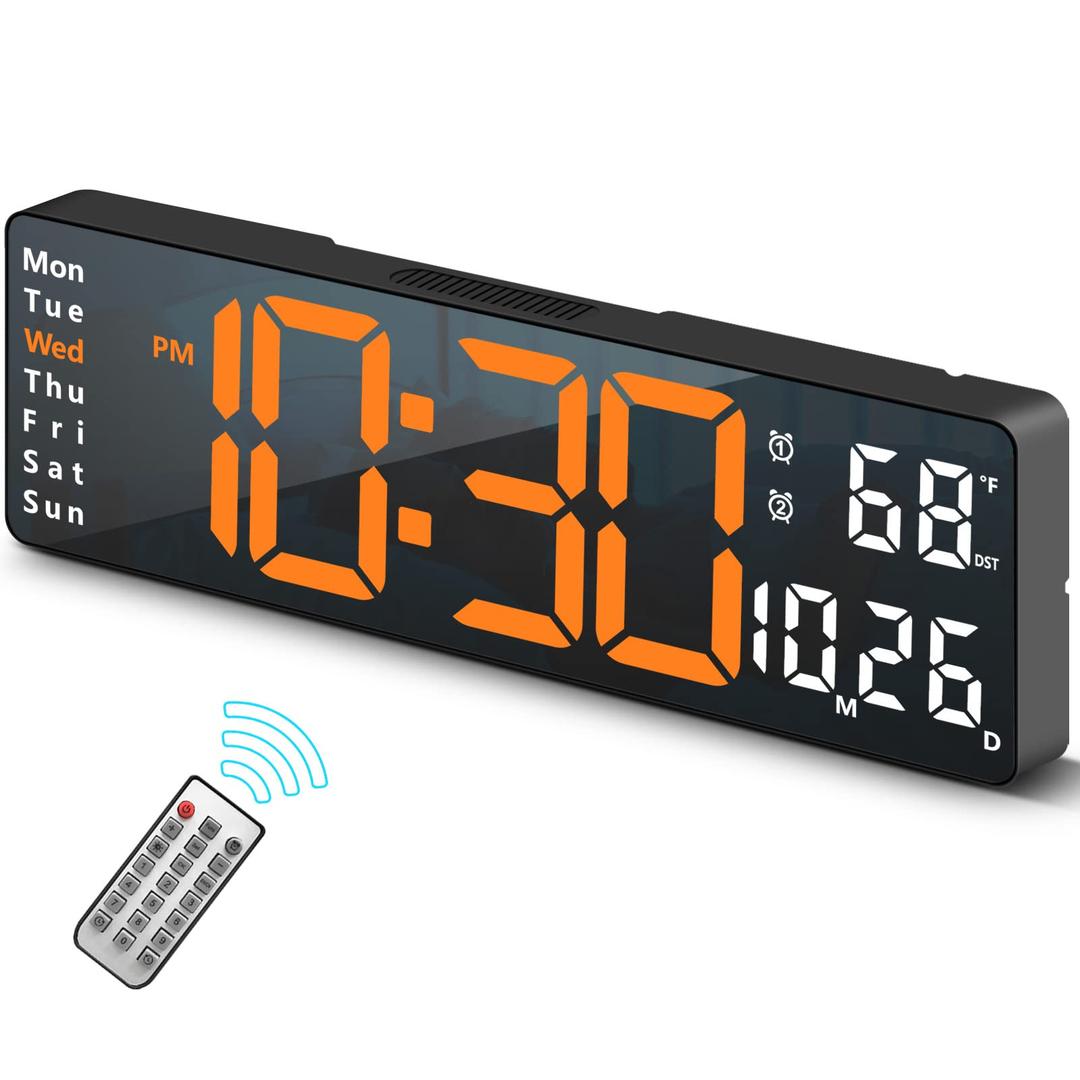 Digital Clock, Digital Wall Clock for Living Room Decor, Desk Alarm Clock for Bedroom, Large Wall Clock with Remote Control, Automatic Brightness Dimmer LED Clock with Date Temperature Week (Orange-W)
