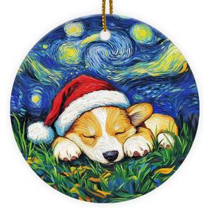 2 x Corgi Christmas Ornament, Starry Night Corgi Dog Hanging Ornaments 2025, Glossy Printed Ceramic Keepsake, Christmas Funny Gifts for Women Men Pet Lovers, Dogs Themed Tree Decorations (03. Corgi Vangogh)