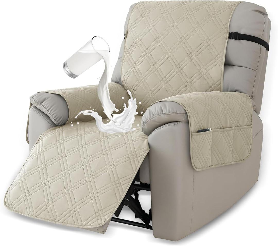 Deisy Dee Waterproof Recliner Chair Covers with Storage Pocket - Extend Sofa Life, Comfortable & Washable (Ivory, 24.8 ")