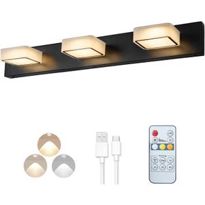 Megastar Rechargeable Battery Operated Vanity Light, Remote Control, 3CCT, 60W Equivalent Acrylic Matte Black Bathroom Vanity Lights Over Mirror, 3 Lights,Non-Hardwired/Power Outage,21.6Inch