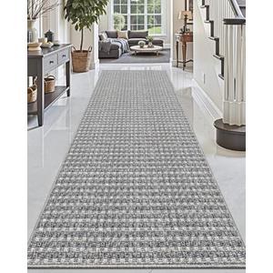 DEXI Hallway Runner Rug 3.3x12, Woven Braided Farmhouse Runner Carpet Indoor, Absorbent Thin Long Entryway Runners for Kitchen, Laundry Room, Patio Entrance, Checkered Grey