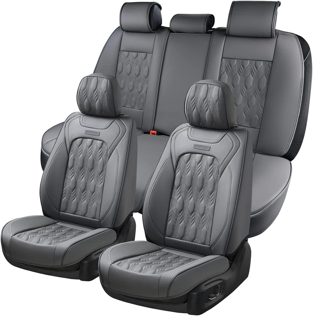 Coverado Car Seat Cover Full Set, Front and Back Seat Covers for Cars, 5 Seats Luxury Leather Seat Covers, Waterproof Car Seat Protectors, Gray Driver Seat Cushions Fit for Most Vehicles