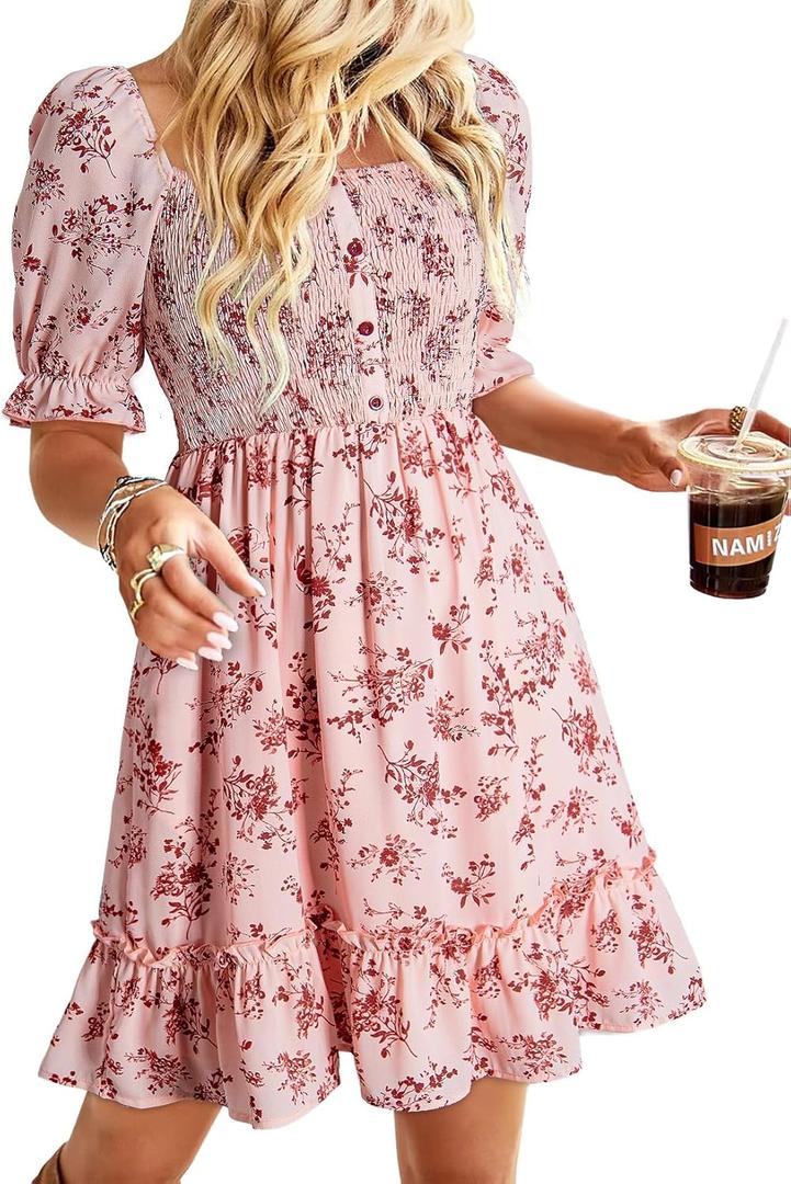 Dokotoo Womens Casual Summer Dresses Short Sleeve Square Neck Smocked Boho Floral Sundress Flowy A-Line Mini Dress (Medium, Pink)