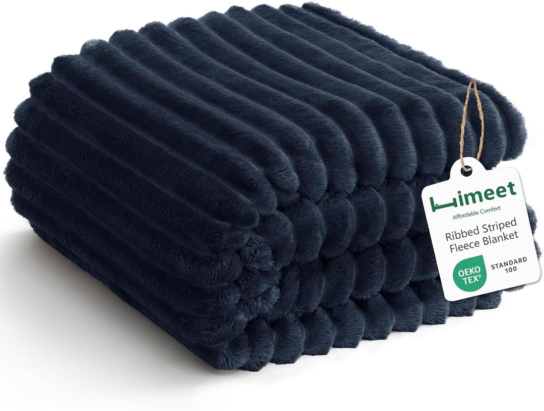 HIMEET Navy Blue Ribbed Queen Size Blanket for Bed - 300GSM Lightweight Fleece Blanket for Men Women, Large Sofa Couch Cover Bed Blankets Gifts, Striped Spring Home Room Decor, Navy Blue, 90x90 Inches