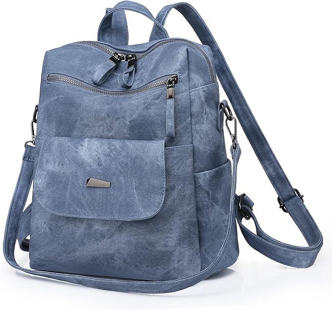 ROOSALANCE Backpack Purse for Women, Women Leather Back pack Purse Waterproof Antitheft Shoulder Bags Handbags, Fashion Ladies Backpack for Daily Travel Work (Blue)